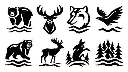 Wildlife Silhouettes Featuring Bears, Deer, Wolves, and Birds in Nature