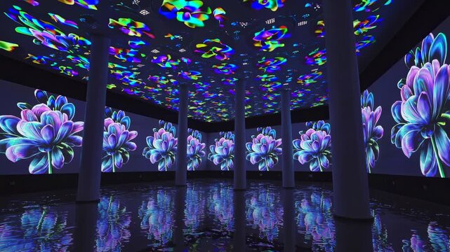 Immersive video art installation with vibrant floral projections on walls and ceiling. Wide-angle shot captures reflective floor and pillars.