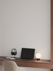 Modern Minimalist Home Office Interior with Wooden Desk, Modern Chair and Frame Poster Mockup 