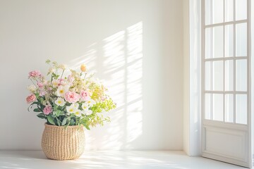 Inviting photo of open flower shop door with basket of fresh pastel flowers placed by entrance, surrounded by clean light walls and minimalist decor