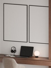 Modern Minimalist Home Office Interior with Wooden Desk, Modern Chair and Frame Poster Mockup 