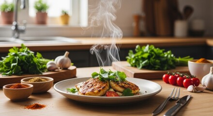 Steaming Hot Chicken Cutlets with Herbs in Bright Kitchen Setting
