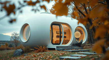 A tight close-up shot of a futurist capsule villa in warm autumn colors, emphasizing detailed focus and an earthy