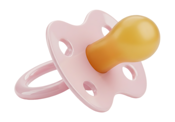 Pink baby pacifier with yellow nipple isolated on transparent background
