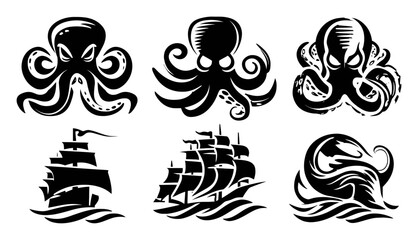 Artistic Black and White Illustrations of Octopus and Sailing Ships