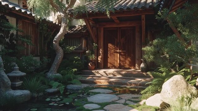 Japanese-inspired courtyard with nasella tenuissima as focal plant, clean stone paths