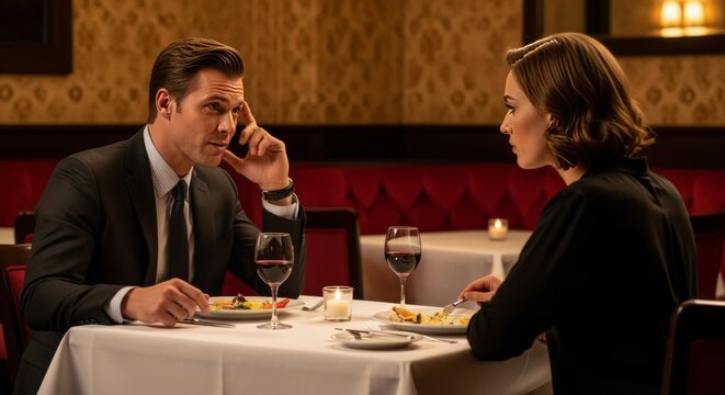 Thoughtful Man Woman Eating Meal with Red Wine at Restaurant - Powered by Adobe