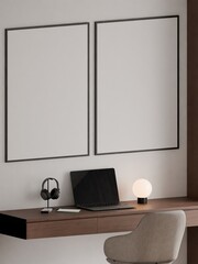Modern Minimalist Home Office Interior with Wooden Desk, Modern Chair and Frame Poster Mockup 