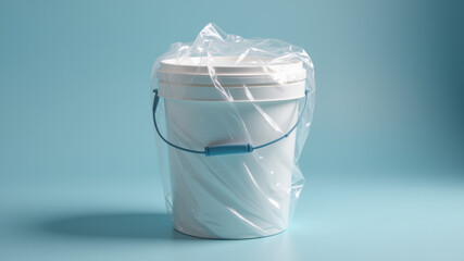 White metal bucket wrapped in transparent plastic cover on blue surface