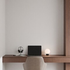 Modern Minimalist Home Office Interior with Wooden Desk, Modern Chair and Frame Poster Mockup 