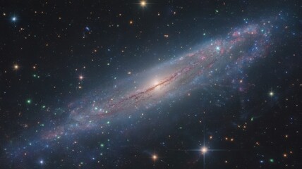 Edgeon spiral galaxy with a bright central bulge and swirling arms of stars, gas, and dust, set against a backdrop of countless distant stars