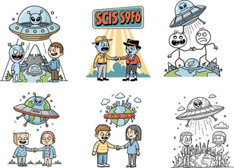 Cartoon aliens, UFOs, human handshake, extraterrestrial contact, sci fi illustration, funny alien invasion, space friendship, cute extraterrestrials, comic style vector set