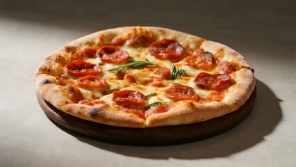 Freshly Baked Pepperoni Pizza with Melted Cheese and Basil on a Wooden Board
