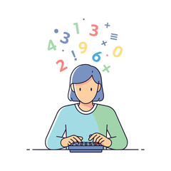 A person concentrating while using a keyboard, with numerical symbols floating above their head.