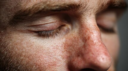 Obraz premium Eyelid swelling concept. Close-up of a serene man with closed eyes and facial freckles.