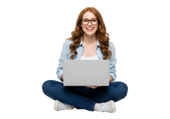 Smiling young woman with red hair working on a laptop isolated on transparent background