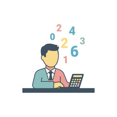 Illustration of a person using a calculator, with numbers floating above their head, suggesting calculation or accounting work.