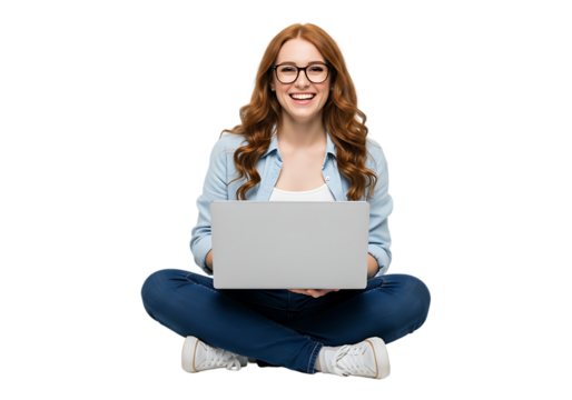 Smiling young woman with red hair working on a laptop isolated on transparent background