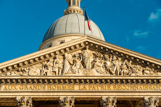 Close-up of the Panth&eacute;on in Paris with sculpted pediment and dome