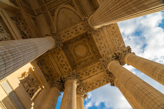 Low angle view of Panth&eacute;on entrance ceiling in Paris with decoration