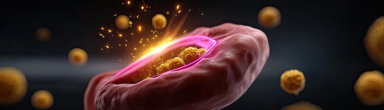 Polyuria disorder in Asian woman urinating concept. Close-up view of a cell with dynamic activity and energy bursts.