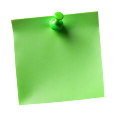 A bright green sticky note is secured to a black background with a green pushpin paper thumbtack