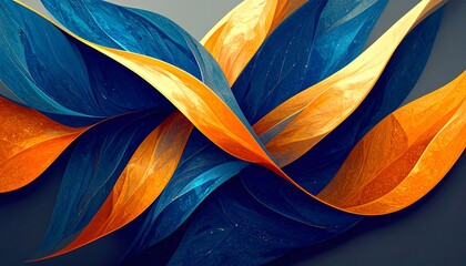 A dynamic interplay of vibrant orange and deep blue abstract shapes creates a visually arresting composition.