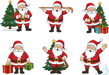 Santa Claus carrying gifts, standing near decorated Christmas tree, waving hands, holding presents, perfect for festive winter holiday celebration and cartoon design