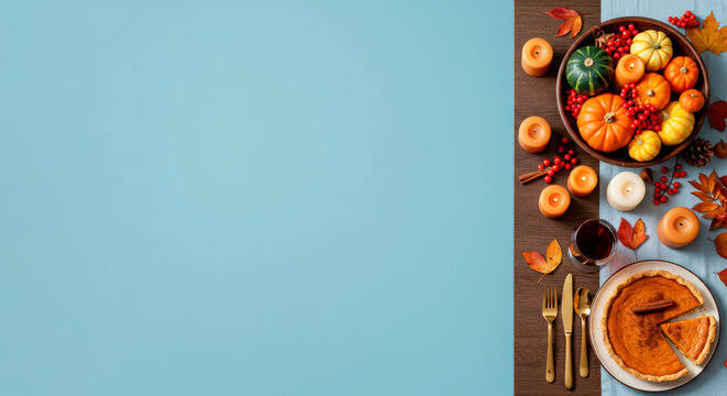 Thanksgiving table setting with pie, pumpkins, and autumn decor. Holiday menus and seasonal greetings.