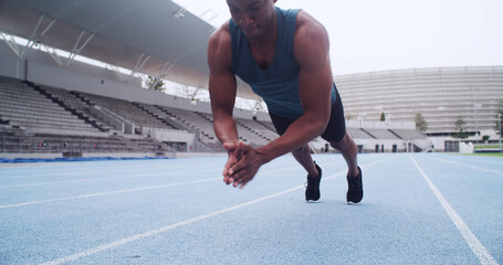 Hands, athlete and push up for fitness, stadium and clap for coordination, agility or routine on track. Person, exercise and plyometrics for muscle, explosive workout and challenge at sports club
