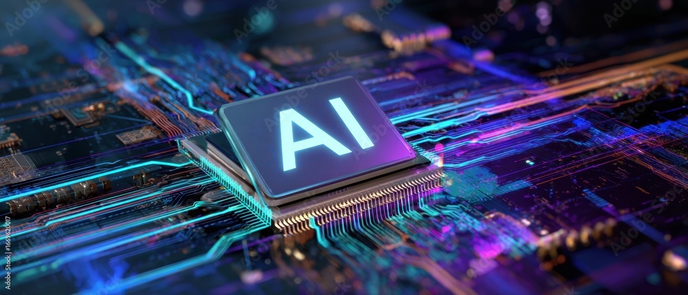 Poster the ai chip illuminated on futuristic circuit board with neon data streams