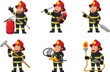 Friendly firefighter character holding fire extinguisher, hose, and rescue tools, wearing fire suit and helmet, perfect for emergency service, rescue, and fire safety designs