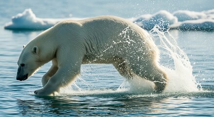 Naklejka premium Polar Bear Walking in Water with Splashes