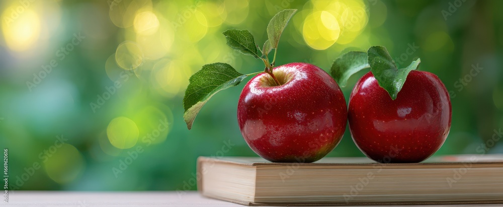 Poster the red apples resting on a book with green bokeh background
