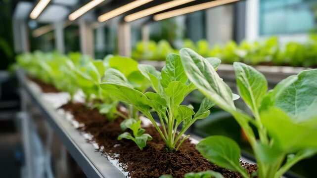 A row of plants with green leaves and brown dirt. Closeup seedlings growing in vertical hydroponic system with blurred fish tank below, vertical aquaponics farm, fresh green tone