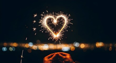 Hands holding a glowing heart-shaped sparkler against a bokeh lights background.