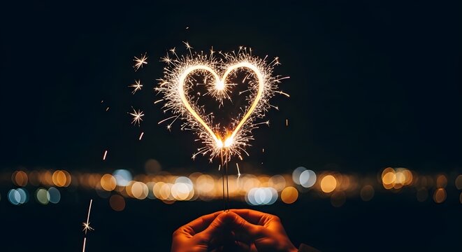 Hands holding a glowing heart-shaped sparkler against a bokeh lights background.