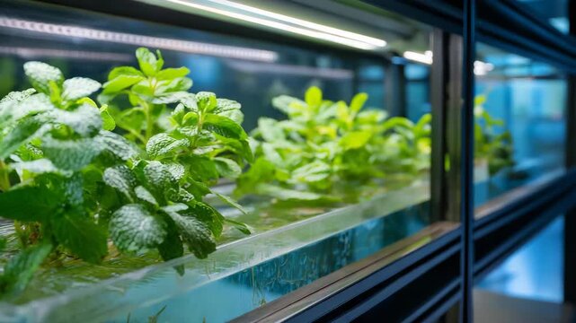 A plant is growing in a clear container. The container is in a fish tank. Closeup mint leaves in hydroponic rack with clear view of fish tank below, vertical aquaponics farm, fresh green-blue tone