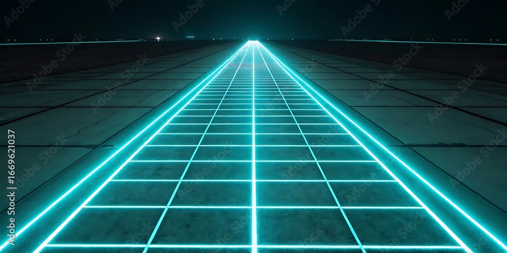 Poster a perspective view of a glowing blue neon grid receding into the distance on a dark, textured surfac