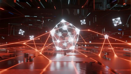Futuristic Geometric Structure with Illuminated Nodes and Laser Beams in a High-Tech Environment
