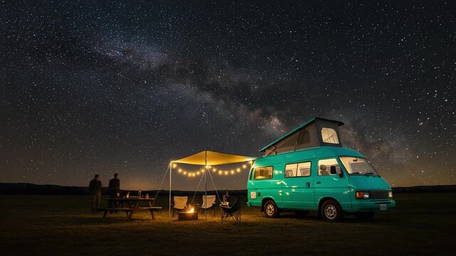 A Magical Night Under the Stars: A Cozy Camping Experience with a Vintage Van Surrounded by the Milky Way and Flickering Campfire Lights
