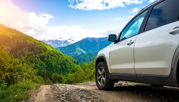 A white SUV sits on a mountain path, overlooking lush green valleys and distant peaks.