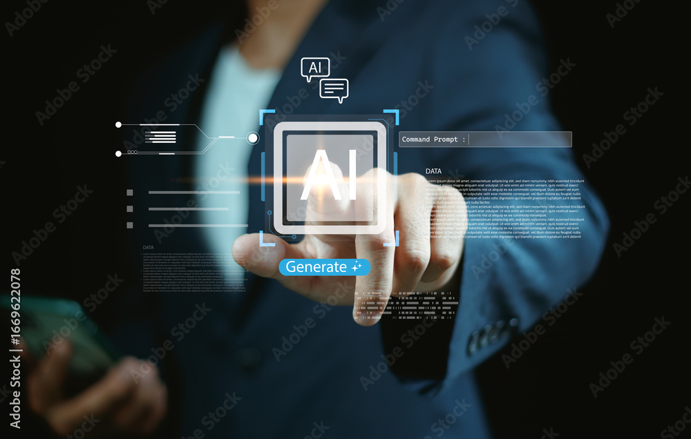 Poster businessman show technology smart robot ai technology, artificial intelligence. ai artificial intell