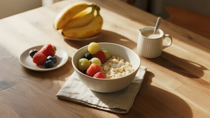 Healthy Breakfast Setup with Oatmeal, Fresh Fruits, and Bananas on a Wooden Table