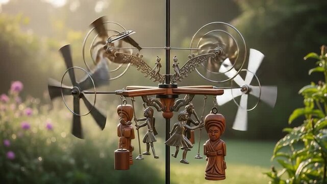 Decorative Windmill with Figures Spinning in Garden Sunlight.