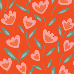 Candy flowers, leaves and stems in the wind, as a floral minimalist pattern in colors of cream, peach and green on bright orange. Botanical seamless vector pattern. Great for home decor, fabric, gifts