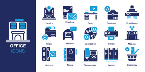 Office  icon set. Containing business, office, work, professional, job, and more. Solid vector icons collection. Vector illustration.