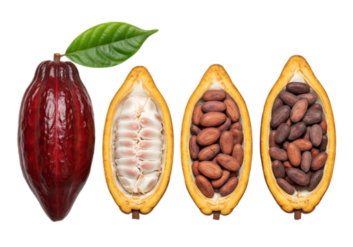 Four stages of cocoa pod development isolated on transparent background