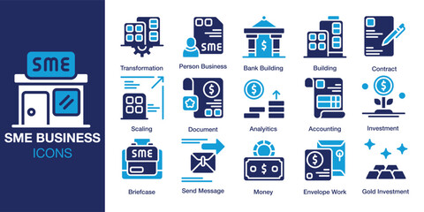 SME Business icon set. Containing business, sme, entrepreneur, store, shop, and more. Solid vector icons collection. Vector illustration.