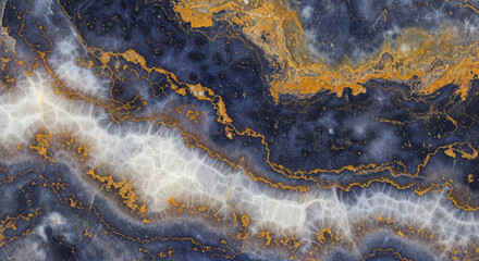 dark blue onyx with white and gold banded patterns, translucent polished slab, luxurious natural stone for dramatic, modern, and artistic interiors

